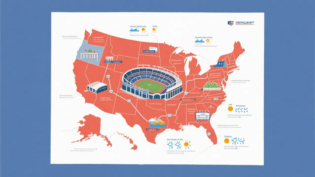 北美世界杯赛场地图风格插画，标注旅行距离与气候差异