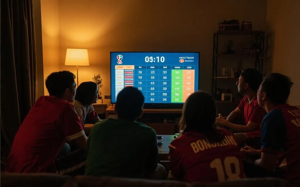 球迷在酒吧或客厅看世界杯小组赛，屏幕上是积分榜与倒计时